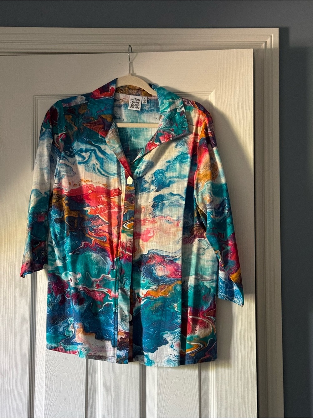 Abstract Marble-Print Button-Front Jacket in Teal & Multi
